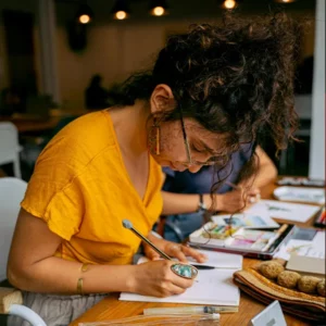Femme concentrée en train de créer un jeu de société